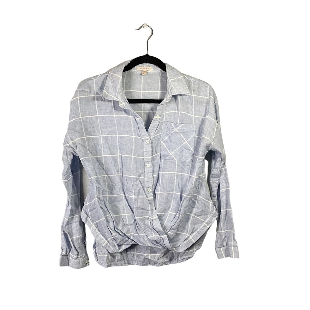 Skies Are Blue Plaid Blue White Boho Preppy Front Knot Casual Blouse Size XS